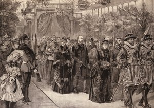 マンチェスターのウェールズの王子と王女：展示棟の行列、1887年5月14日、イラスト入りロンドンニュースより